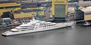 The world's largest superyacht Azzam is launched in Germany, April 5 2013. See SWNS story SWYACHT; The worlds largest superyacht was launched with the £400 million vessel measuring a staggering 590 FEET. Azzam has been described as the most complex and challenging yacht which has ever been built. The  incredible yacht is around 54ft (17.5m) longer than the Eclipse, which is Chelsea-owning oligarch Abramovich's current flagship vessel. It is thought to have been built for a very wealthy Saudi Arabian