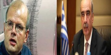 Ο καθηγητής σεισμολογίας Άκης Τσελέντης και υποψήφιος Ευρωβουλευτής μαζί με το Βαγγέλη Μεϊμαράκη στην Κοζάνη