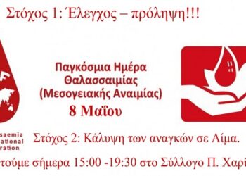 8 Μαΐου: Παγκόσμια Ημέρα Θαλασσαιμίας (Μεσογειακής Αναιμίας)*