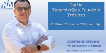 Ομιλία Χρόνη Ακριτίδη στη Σιάτιστα αύριο Σάββατο 29 Ιουνίου 2019 στις 8μμ