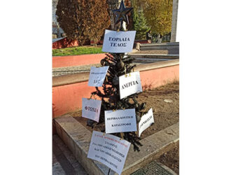 “Εορδαία τέλος” – Το Χριστουγεννιάτικο δέντρο που στόλισε στην Πτολεμαΐδα, με μηνύματα που προβληματίζουν, ο σύλλογος για την απολιγνιτοποίηση και αποκατάσταση του περιβάλλοντος Δυτικής Μακεδονίας