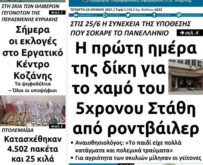 To πρωτοσέλιδο του Πτολεμαίου της Τετάρτης 23/6