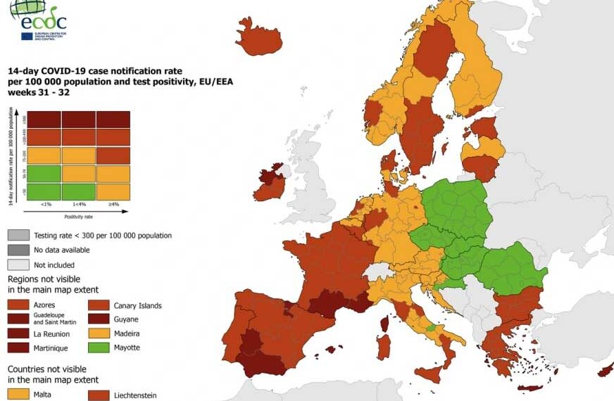 Κορωοϊός – Χάρτης ECDC: «Πορτοκαλί» και «βαθύ κόκκινο» σε όλη την Ελλάδα
