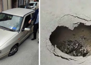 Πτολεμαΐδα: Άνοιξε τρύπα καταμεσής του δρόμου και βούλιαξε Ι.Χ. αυτοκίνητο