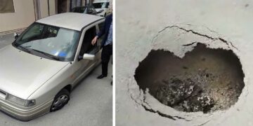 Πτολεμαΐδα: Άνοιξε τρύπα καταμεσής του δρόμου και βούλιαξε Ι.Χ. αυτοκίνητο