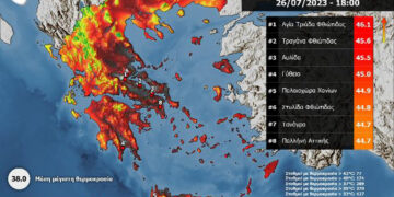 Meteo: 15η και τελευταία ημέρα του καύσωνα – 174 σταθμοί με θερμοκρασία μεγαλύτερη των 40 °C