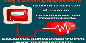 Εθελοντική αιμοδοσία στις 10/4 από τον Σύλλογο Αιμοδοτών Φούφα “Μην το χρειαστείς”
