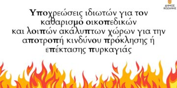 Δήμος Κοζάνης: Υποχρεώσεις ιδιωτών για τον καθαρισμό οικοπεδικών και λοιπών ακάλυπτων χώρων για την αποτροπή κινδύνου πρόκλησης ή επέκτασης πυρκαγιάς