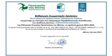 Ένταξη του 1ου Δημοτικού Σχολείου Αγίας Παρασκευής Κοζάνης στα Οικολογικά Σχολεία και το Δίκτυο Περιβαλλοντικής Εκπαίδευσης- Γράφει η Νατάσα Μάγκου