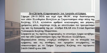 Έκκληση: Τροχαίο στην Κοζάνη – Αναζητείται οδηγός που παρέσυρε πεζή