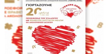 Εκδήλωση για τον εορτασμό των 20 Χρόνων προσφοράς του Συλλόγου Εθελοντών Αιμοδοτών Κοζάνης «Γέφυρα Ζωής» την Κυριακή 2/2