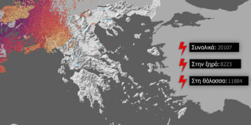 Πάνω από 20.000 κεραυνοί έπεσαν χθες στα Βορειοδυτικά