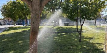 Ένα αυτόματο πότισμα ψεκάζει νερό σε ένα καταπράσινο γκαζόν με δέντρα στο Αμύνταιο, βελτιώνοντας το πράσινο και τη βιώσιμη διαχείριση του νερού.