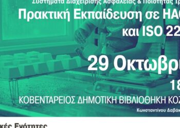 Μια γυναίκα με κόσμημα στο λαιμό εργάζεται σε ένα γραφείο με ένα laptop, συμμετέχοντας σε ένα επιμορφωτικό πρόγραμμα για την ασφάλεια τροφίμων και το ISO 22000 στην Κοζάνη.