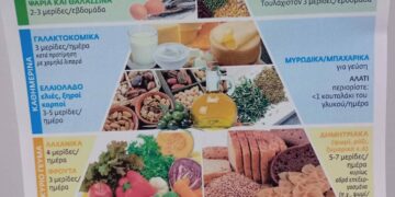 Διατροφική πυραμίδα για άτομα 65 ετών και άνω, με ποικιλία τροφών όπως λαχανικά, φρούτα, ψάρια και δημητριακά, συμβάλλοντας στην υγιεινή διατροφή.