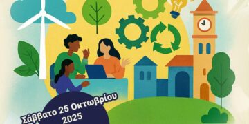 Μια ομάδα ανθρώπων συνεργάζεται σε ένα εργαστήριο επιχειρηματικότητας EcoZani, με φόντο ένα τοπίο που συνδυάζει την τεχνολογία και τη φύση, συμβολίζοντας την κυκλική οικονομία και την κλιματική ουδετερότητα.