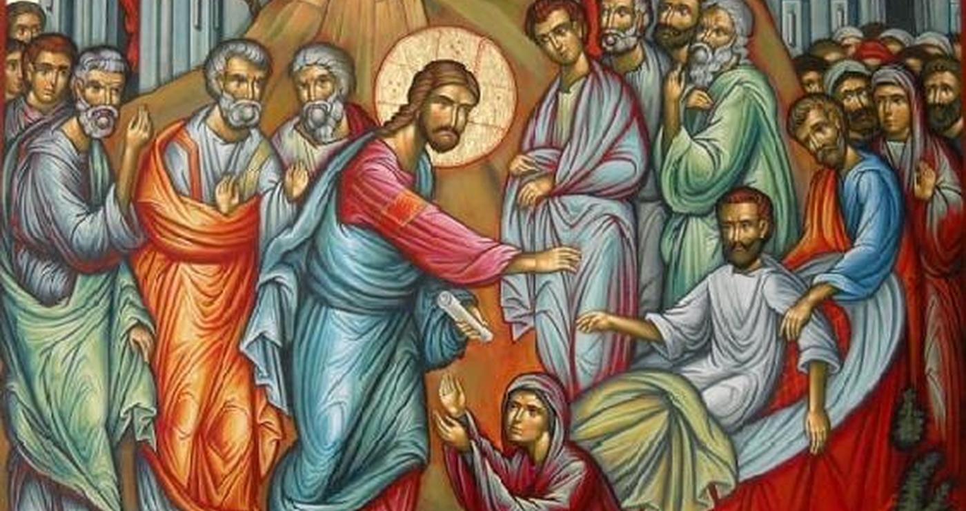 Ο Ιησούς ανασταίνει τον νεκρό νεαρό, με πλήθος ανθρώπων να παρακολουθεί συγκινημένο, απεικονίζοντας την αναστάσιμη χαρά και τον πνευματικό θάνατο.