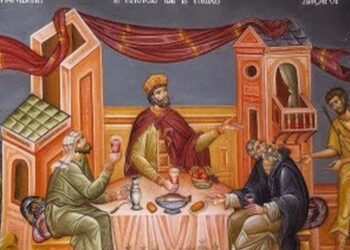 Ένα ιερό εικονογράφημα απεικονίζει τον πλούσιο να γευματίζει ενώ ο Λάζαρος ζητά ελεημοσύνη, σκηνή από την παραβολή του πλουσίου και του Λαζάρου.