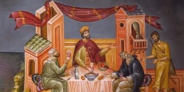 Ένα ιερό εικονογράφημα απεικονίζει τον πλούσιο να γευματίζει ενώ ο Λάζαρος ζητά ελεημοσύνη, σκηνή από την παραβολή του πλουσίου και του Λαζάρου.