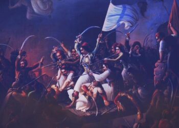 Μια καλλιτεχνική απεικόνιση της Έξοδος Μεσολογγίου, με έφιππους πολεμιστές να εξέρχονται από την πολιορκημένη πόλη, τιμώντας τα 200 χρόνια μνήμης.