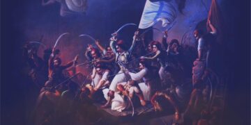 Μια καλλιτεχνική απεικόνιση της Έξοδος Μεσολογγίου, με έφιππους πολεμιστές να εξέρχονται από την πολιορκημένη πόλη, τιμώντας τα 200 χρόνια μνήμης.