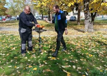 Δύο άνδρες συζητούν δίπλα σε ένα δενδρύλλιο κατά τη διάρκεια των δενδροφυτεύσεων στη Φλώρινα, με φθινοπωρινό τοπίο στο βάθος.