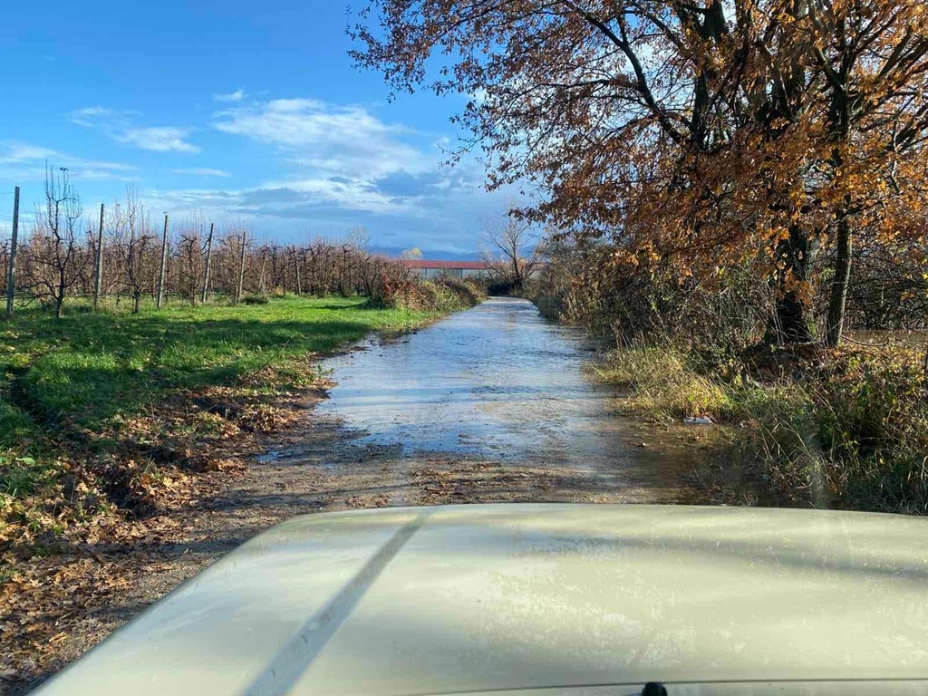Ένα πλημμυρισμένο χωματόδρομο διασχίζει ένα αγροτικό τοπίο κοντά στη Φλώρινα, με δέντρα και αμπελώνες να βρίσκονται εκατέρωθεν, κατά τις πλημμύρες Φλώρινας.