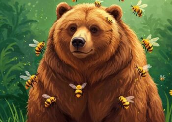 Μια καφέ αρκούδα στέκεται ανάμεσα σε κυψέλες με μέλισσες, συμβολίζοντας τις προκλήσεις για τις μελίσσες Αμύνταιο και την συνύπαρξη με άγρια ζώα.