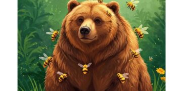 Μια καφέ αρκούδα στέκεται ανάμεσα σε κυψέλες με μέλισσες, συμβολίζοντας τις προκλήσεις για τις μελίσσες Αμύνταιο και την συνύπαρξη με άγρια ζώα.