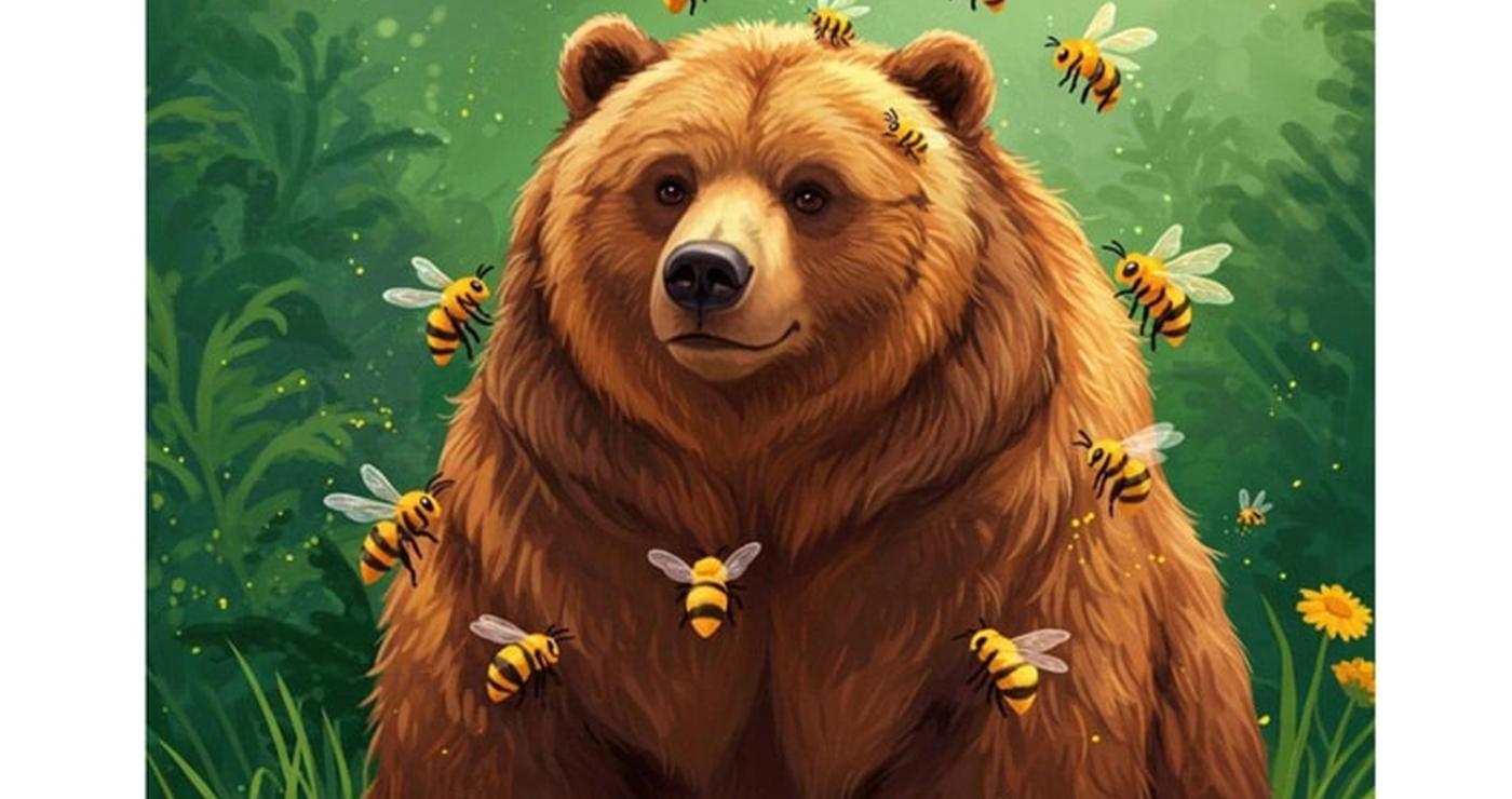 Μια καφέ αρκούδα στέκεται ανάμεσα σε κυψέλες με μέλισσες, συμβολίζοντας τις προκλήσεις για τις μελίσσες Αμύνταιο και την συνύπαρξη με άγρια ζώα.