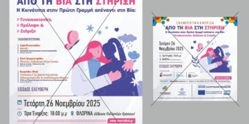 Ένα πολύχρωμο αφίσα ανακοινώνει μια ημερίδα με θέμα την ενδοοικογενειακή βία Φλώρινας, με την κοινότητα να βρίσκεται στην πρώτη γραμμή αντιμετώπισης της βίας.