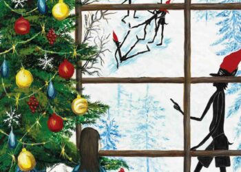 Ένα παιδί κοιτάζει από ένα παράθυρο γεμάτο χριστουγεννιάτικα στολίδια, ενώ διάφοροι καλικάντζαροι σκαρφαλώνουν σε μια σκάλα και στέκονται πάνω από ένα χιονισμένο τοπίο, στο εξώφυλλο του βιβλίου «Καλικάντζαρος εδώ, καλικάντζαρος εκεί…».