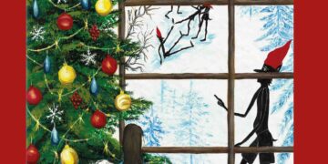 Ένα παιδί κοιτάζει από ένα παράθυρο γεμάτο χριστουγεννιάτικα στολίδια, ενώ διάφοροι καλικάντζαροι σκαρφαλώνουν σε μια σκάλα και στέκονται πάνω από ένα χιονισμένο τοπίο, στο εξώφυλλο του βιβλίου «Καλικάντζαρος εδώ, καλικάντζαρος εκεί…».