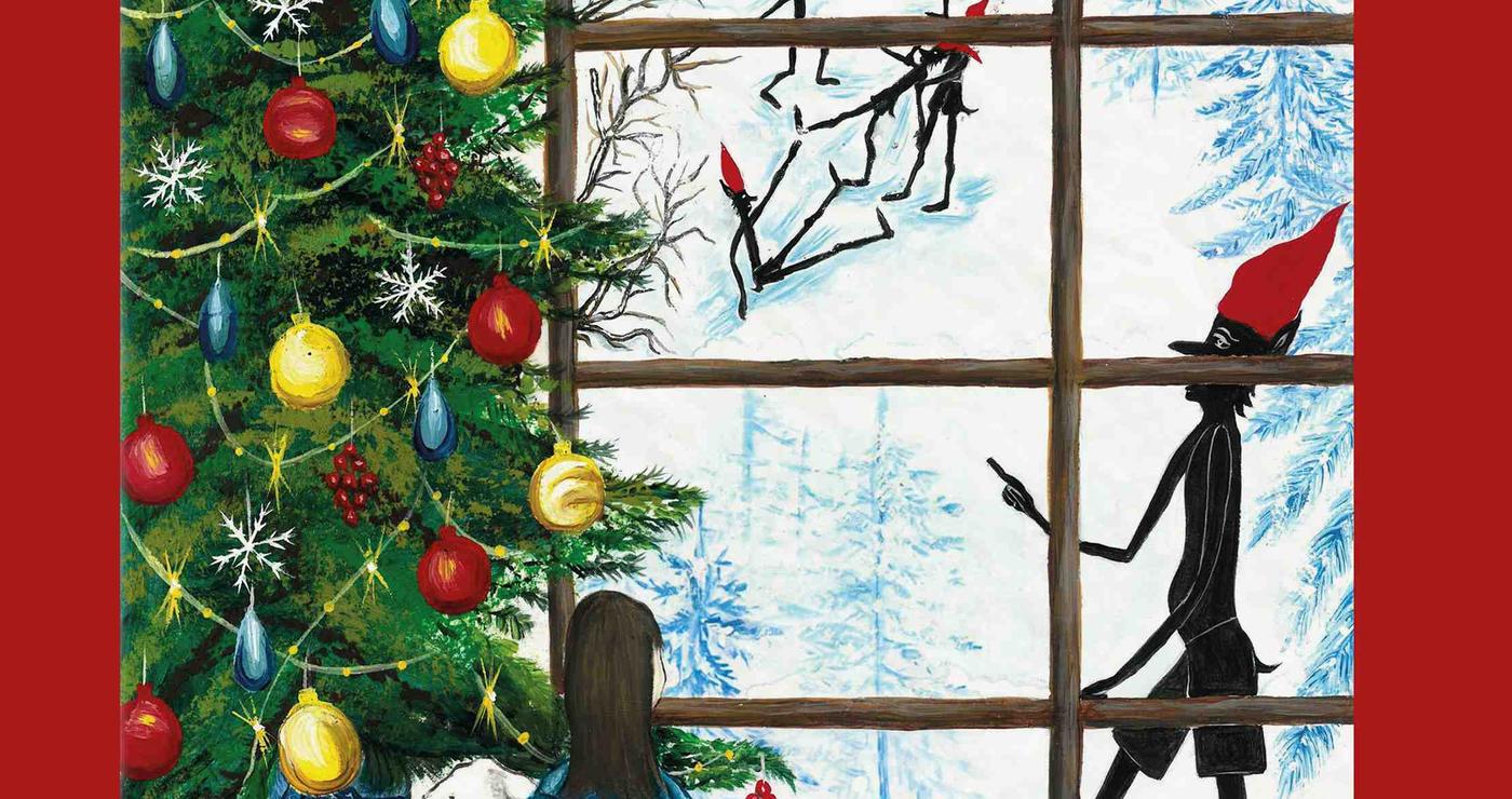 Ένα παιδί κοιτάζει από ένα παράθυρο γεμάτο χριστουγεννιάτικα στολίδια, ενώ διάφοροι καλικάντζαροι σκαρφαλώνουν σε μια σκάλα και στέκονται πάνω από ένα χιονισμένο τοπίο, στο εξώφυλλο του βιβλίου «Καλικάντζαρος εδώ, καλικάντζαρος εκεί…».