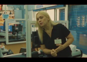 Μια γυναίκα με ξανθά μαλλιά στέκεται σε ένα ταμείο ενός σούπερ μάρκετ, κοιτάζοντας προς τα δεξιά, μέρος της ταινίας Super Story Market.