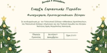 Ένα Χριστουγεννιάτικο δέντρο φωταγωγείται στην Πλατεία Ομονοίας στην Καστοριά, σηματοδοτώντας την έναρξη της εορταστικής περιόδου.