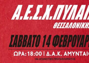 A promotional poster announces the handball match between Αμύντας Αμυνταίου and Πυλαία on February 14th, crucial for the Α2 Εθνική Κατηγορία Handball championship.