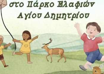 Μια χαρούμενη ομάδα ανθρώπων, συμπεριλαμβανομένων παιδιών, πετάει χαρταετούς σε ένα πράσινο πάρκο την Καθαρά Δευτέρα στον Άγιο Δημήτριο Κοζάνης.