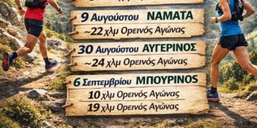 Δύο δρομείς τρέχουν σε ορεινό μονοπάτι συμμετέχοντας στον αγώνα VoioRace 2026, με φόντο τα βουνά της Δυτικής Μακεδονίας.