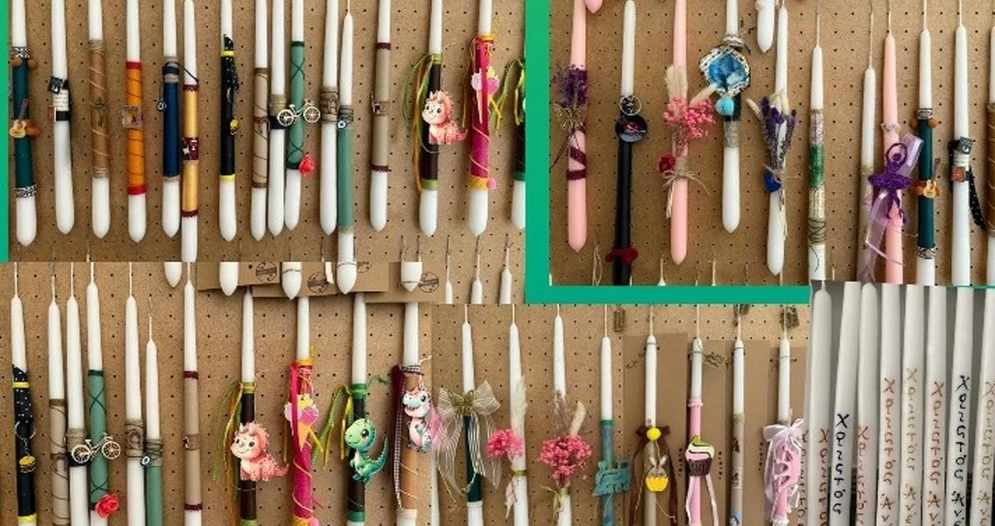 Ποικιλία από χειροποίητες πασχαλινές λαμπάδες κρέμονται σε πίνακα από φελλό στο Πασχαλινό bazaar Φλώρινας.