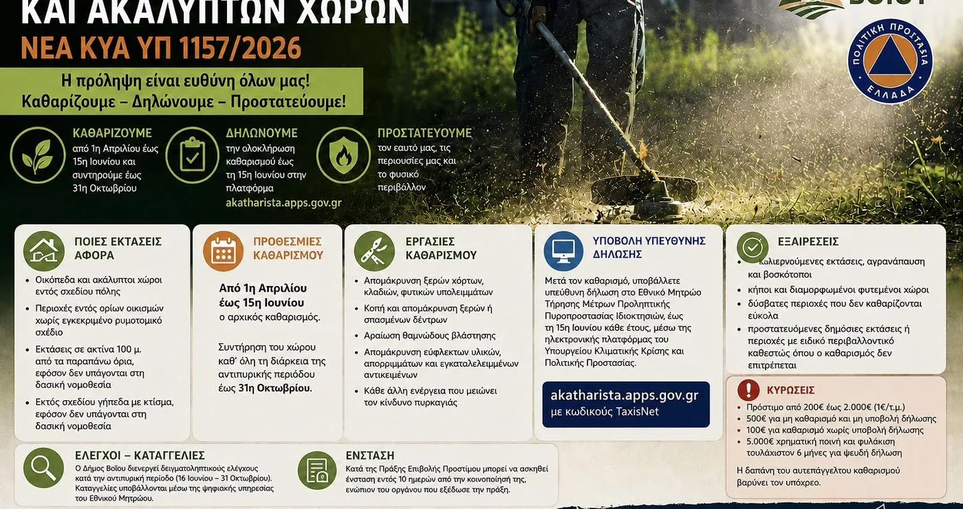 Ένα ενημερωτικό γραφικό απεικονίζει τις υποχρεώσεις καθαρισμού οικοπέδων στον Δήμο Βοΐου για την αντιπυρική περίοδο 2026.