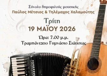 Μια καλλιτεχνική αφίσα ανακοινώνει τη μαθητική συναυλία του Δήμου Βοΐου, με μαθητές να παίζουν ακορντεόν, κιθάρα και τρομπέτα.