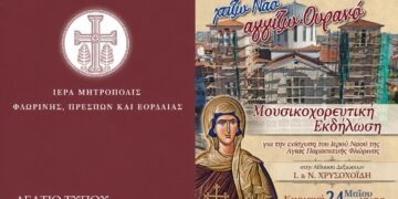 Μια αφίσα ανακοινώνει τη μουσικοχορευτική εκδήλωση «Φλώρινα: Χτίζω Ναό, αγγίζω Ουρανό» για την ενίσχυση της προσπάθειας αποπεράτωσης του Ιερού Ναού Αγίας Παρασκευής στη Φλώρινα.