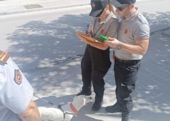 Δημοτικοί αστυνομικοί Φλώρινας ελέγχουν ένα σκυλί σε δημόσιο χώρο, σημειώνοντας παρατηρήσεις σε έναν πίνακα.