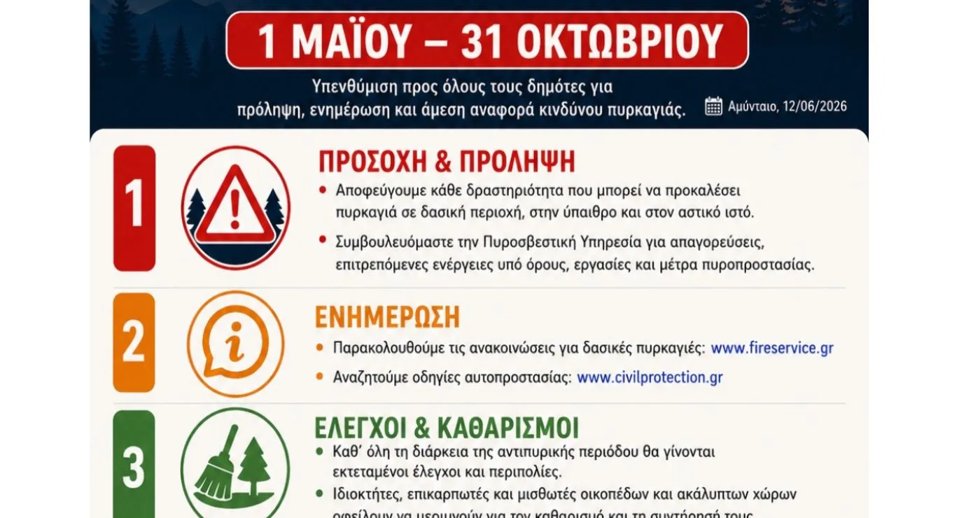 Αντιπυρική Περίοδος 2026: Οδηγίες και συστάσεις προς τους Δημότες του Δήμου Αμυνταίου