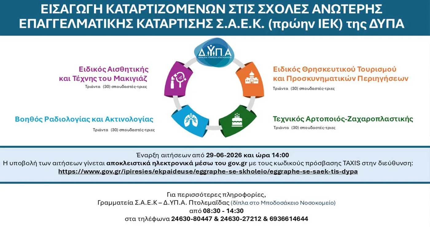 ΣΑΕΚ ΔΥΠΑ Πτολεμαΐδας: Ξεκίνησαν οι αιτήσεις-Δείτε τις ειδικότητες