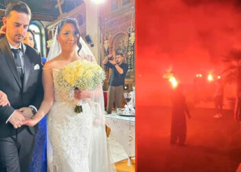 Πτολεμαΐδα: “Κοκκίνισε” ο ουρανός από Φωτοβολίδες και συνθήματα του ΠΑΟΚ στο γάμο του Σάββα Χιονίδη και της Χρυσούλας Κουτουκλέρ (Βίντεο)