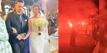 Πτολεμαΐδα: “Κοκκίνισε” ο ουρανός από Φωτοβολίδες και συνθήματα του ΠΑΟΚ στο γάμο του Σάββα Χιονίδη και της Χρυσούλας Κουτουκλέρ (Βίντεο)