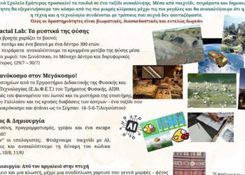 Ένα πολύχρωμο φυλλάδιο ανακοινώνει το 7ο Θερινό Σχολείο Επιστήμης & Τεχνολογίας που θα πραγματοποιηθεί στην Εράτυρα, με δραστηριότητες όπως η Εratyra Fractal Lab, η εξερεύνηση του νανοκόσμου και η Τεχνητή Νοημοσύνη. Το Θερινό Σχολείο απευθύνεται σε παιδιά Δημοτικού και Γυμνασίου.