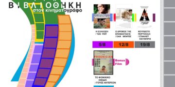 Ένα πολύχρωμο αφίσες διαφημίζει το “Σινεμά στη Βιβλιοθήκη” στην Κοζάνη, παρουσιάζοντας τις ταινίες που θα προβληθούν τον Αύγουστο και τη σχέση μεταξύ λογοτεχνίας και κινηματογράφου.